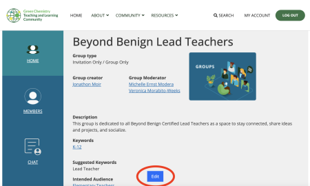 Beyond Benign Lead Teachers group page showing group details and circling the blue Edit button with a red oval
