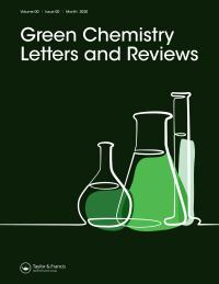green chemistry letters & reviews journal cover with white text on a dark green background with cartoon flasks with green liquids in them