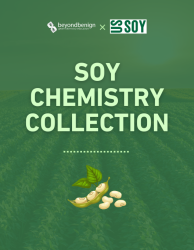 soy chemistry cover image with white text on a green background and soybeans underneath