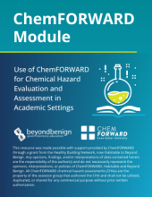 cover page for chemforward module with white text on a blue background with a small flask of solution over an open book