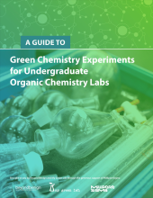 Guidebook cover showing a photograph of chemistry glassware with a green filter on top. Written in white font is "Guide To Green Chemistry Experiments for Undergraduate Organic Chemistry Labs."