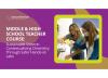 A square image with rounded edges has a thick yellow border. Two scientists are intently adding liquid into glass lab-ware. The image sits against a bright purple background with abstract yellow shapes. White texts reads: middle and high school teacher course: sustainable science: contextualizing chemistry through safer hands-on labs